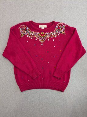 Vintage 80s 90s Pink Chunky Knit Sweater Brittany Leigh Embellished Bedazzled M